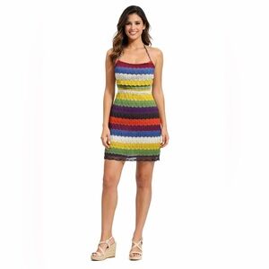 Judith March Colorful 90s Retro Vibes Crochet Braided Halter Dress Size Small